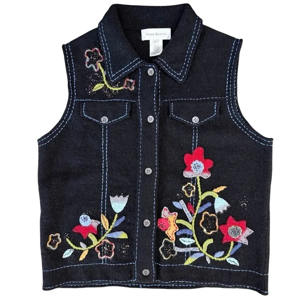VTG Susan Bristol Embroidered Beaded Wool Vest Large Black Cottagecore Folk